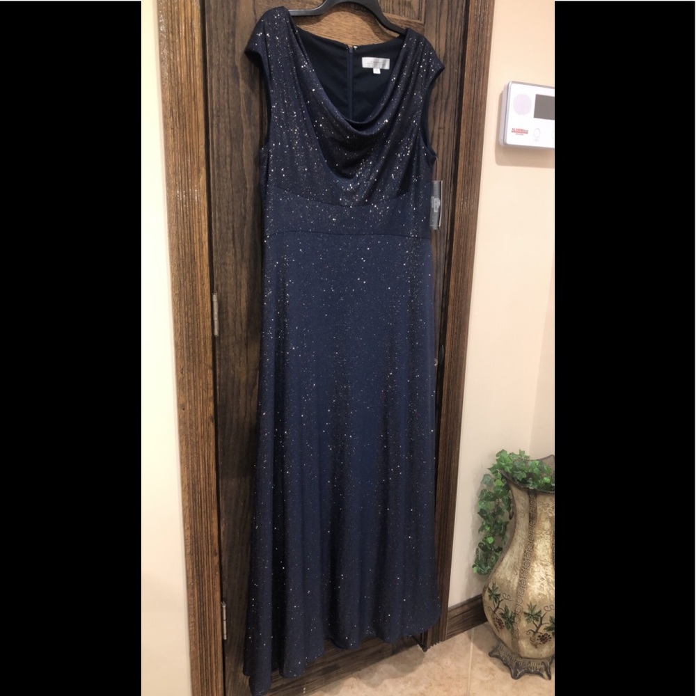 Women’s Formal Dress Size 16 Navy Glitter Shimmer Cap Sleeve Cowl Neck TAHARI - Picture 7 of 8
